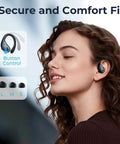 Woman wearing Game-Changing Active Noise Cancelling Earbuds With 90 Hours Playback, featuring over-ear hook and matte black finish.