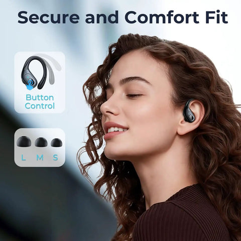 Woman wearing Game-Changing Active Noise Cancelling Earbuds With 90 Hours Playback, featuring over-ear hook and matte black finish.