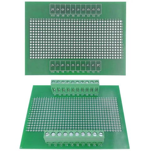 72x100mm DIN Rail Mount PCB Board for Arduino DIY Projects with dual pitch terminals and insulated holes, front and back view