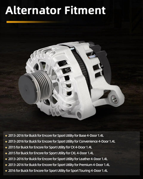 Alternator Replacement For Chevy Cruze 2011, Trax 2015-2021, And Buick Encore 2013-2021 displayed on dark background.