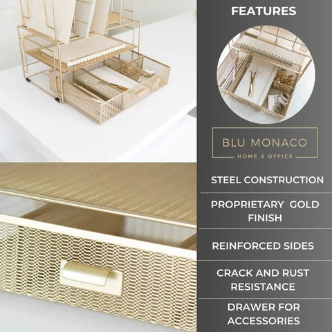 Gold Metal Desk Organizer With Drawer And Mesh File Holder For Papers And Folders Vertical File Organizer Desktop Storage