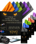 TOVO PRIME microfiber lens cleaning cloths, 6-pack, assorted colors, 6x7 in, 230 GSM for glasses/cameras/screens