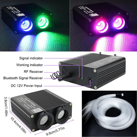 Dual Color 32W Fiber Optic Starlight Kit With 600 Fibers 0.03 Inch Diameter Each 9.8 Feet Long For Home And Car Roof Lit Headliner Decor Sound Activated App Bluetooth Remote Control RGBW Lights showing light engine and fiber strands