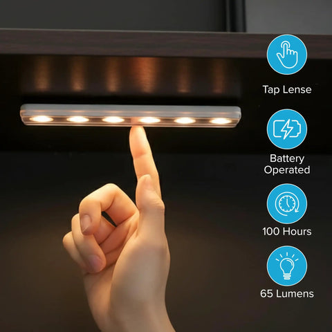 Ultra Thin Wireless Under Cabinet Lights 8.5 Inch Long Battery Powered LED Bar With Stick On Mounting No Drill Easy Install 65 Lumen Warm White Tap On Tap Off Timer Included For Kitchen Closet Pantry