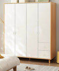 Modern bedroom with wooden wardrobe featuring white doors and drawers, near a bed with yellow accents and a stylish lamp.