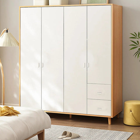 Modern bedroom with wooden wardrobe featuring white doors and drawers, near a bed with yellow accents and a stylish lamp.