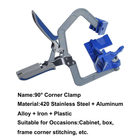 90 Degree Corner Clamp Set For Woodworking showing adjustable locking clamps with aluminum V wedge pads, visible in blue and gray.