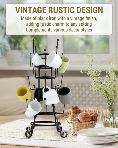 24-Hook Rustic Black Iron Coffee Mug Holder Mug Rack Cup Display Tree in kitchen setting with cups on hooks