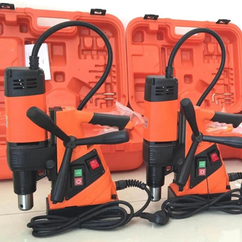 Get The(dx35 Magnetic Core Drill With 1500W Power For Super Fast Annular Cutter Holes On Metal, showcasing two drills with cases.
