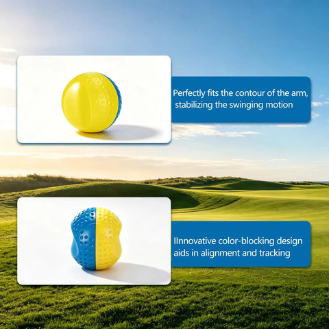 Golf Training Ball Clips Between Your Arms To Sync Arm And Body Motion, Improve Impact Accuracy, Fix Slices Scooping And Chicken Wings, Make Practice Efficient With This Easy Swing Trainer For Home Or Range. yellow-blue golf swing trainer ball
