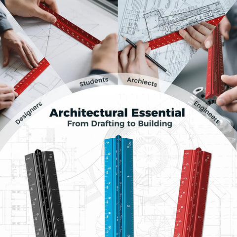 Tough As Nails 12 Inch Triangular Architectural Scale Ruler Made From Heavy Duty Aluminum in use for drafting and blueprints.