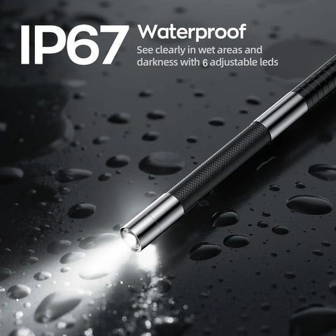 3.9mm Two Way Articulating Borescope With 7 Inch IPS Screen 1080P Endoscope Camera showing waterproof feature with light on