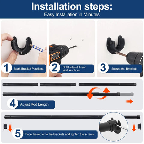 Installation steps for Adjustable Closet Rod Heavy Duty Tension Pole No Cutting Required 17 To 99 Inches 1.3 Inch Diameter