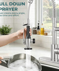 BDJM Kitchen Faucets with Pull Down Sprayer,NEW1 featuring a brushed nickel pull-down sprayer in action, washing a pot.