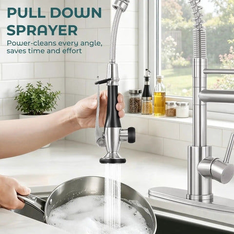 BDJM Kitchen Faucets with Pull Down Sprayer,NEW1 featuring a brushed nickel pull-down sprayer in action, washing a pot.
