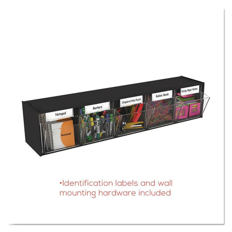 Five Bin Horizontal Tilt Bin Storage System With Interlocking Modular Design, Wall Mount Or Countertop Use, Transparent Tilt Out Bins, Black