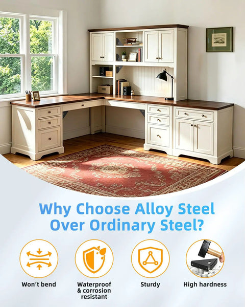 Bulletproof Heavy Duty Triangle Corner Brace Brackets For Wood Furniture Repair, Black Steel Supports Kick The Wobble Out Of Shaking Tables And Chairs, 350 Lbs 4 Pack Kit displayed in a home office setting.