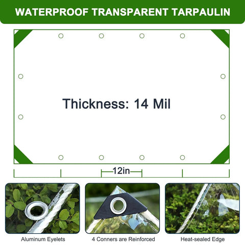 Straight Up Heavy Duty Clear Vinyl Tarp 3X6 Ft Transparent Waterproof Sheet With Reinforced Metal Grommets edge details and measurements displayed