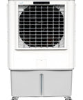 Heavy Duty Evaporative Air Cooler With Killer Cooling Power, Variable Speeds For Patios And Barns, Cools 2500 Square Feet Smooth, Huge Tank front view with fan grille and wheels.