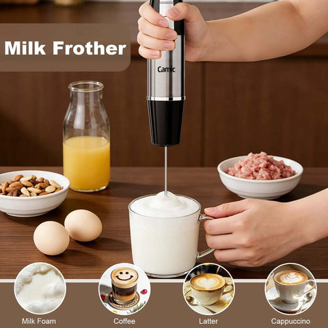 Cordless Hand Blender That Hits Different With Six Speed Settings And Four Versatile Attachments Including Chopper Whisk And Frother For Effortless Meal Prep in use to froth milk for coffee.
