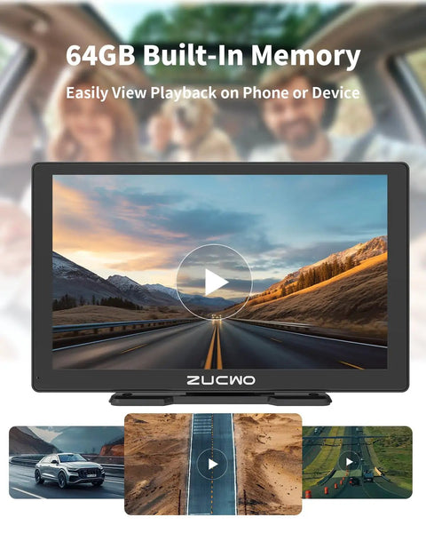9 Inch Wireless CarPlay Screen For Cars With Android Auto, Touch Screen Display showing road scenes, playback, and dashboard view