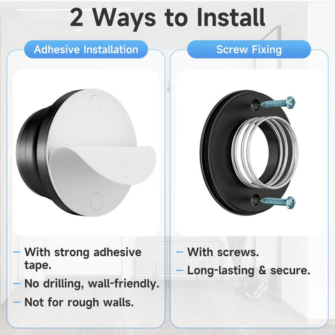 Heavy Duty Black Door Stopper For Wall With Silicone Tip And Spring Shock Absorber To Guard That Sweet Drywall showing installation options.