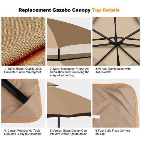 Replacement Canopy Top For 10x12 Gazebo With Double Tier Roof And Air Vent Heavy Duty Waterproof Khaki Cover details
