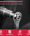 Chrome thread repair thread chaser head mounted on a ratchet wrench for bolt rethreading.