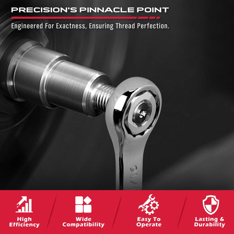 Chrome thread repair thread chaser head mounted on a ratchet wrench for bolt rethreading.