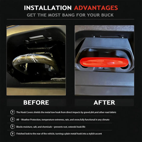Before and after images showing Ford F150 Tow Hook Covers Red Fits 2004-2026 installed on a metal tow hook, highlighting protection benefits.
