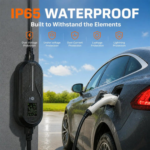 Plug And Go Portable Level 2 Electric Vehicle Charger, 3.5kW 16A 240V Nema 6-20P Cord, 26Ft J1772 TPU Cable With Smart App Controls, IP55 Weatherproof Kit charging a car.