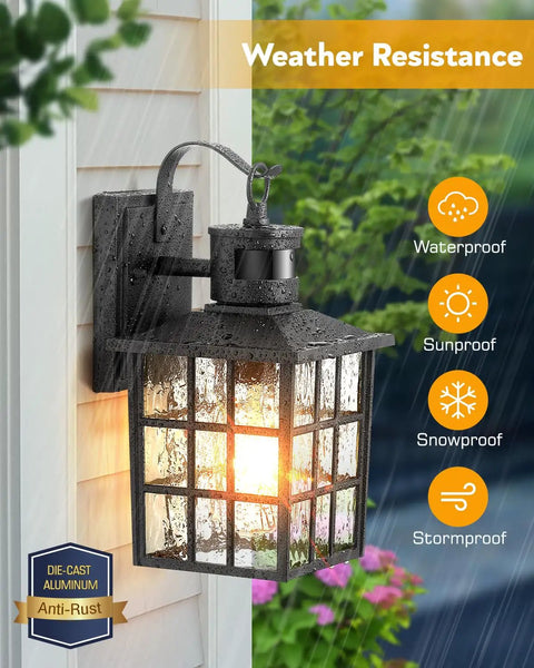 Black Motion Sensor Outdoor Porch Light With Dusk To Dawn Modern Wall Mount Sconce Waterproof Aluminum Anti Rust Exterior Lighting For Garage And Front Door No Fuss Setup Four Modes For Day And Night, showing rainproof glass.