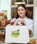 White Kraft Paper Gift Bags Bulk 300 Pack With Handles 16x6x12 Reusable Eco Friendly Recyclable For Biz Grocery Birthday Wedding Kids Party Favors Today held by woman in bakery
