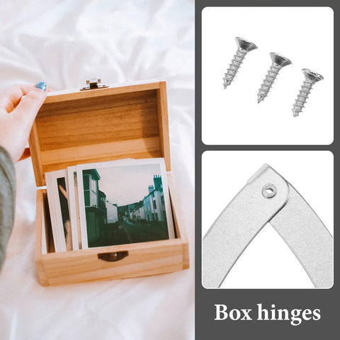 10 Pack Silver Tone Drop Down Lid Hinges With Lid Stay Support For Flap Doors And Cabinets next to wooden box and screws