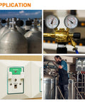 Applications of Go To Oxygen Flow Meter 0.1 To 1.5 LPM Gas Regulator shown in medical and lab settings, cylinders and connections visible.