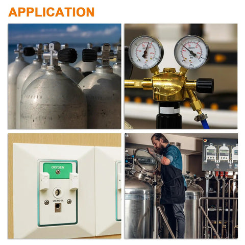 Applications of Go To Oxygen Flow Meter 0.1 To 1.5 LPM Gas Regulator shown in medical and lab settings, cylinders and connections visible.