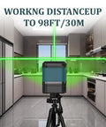 Bright Green Laser Level With USB C Charging, 100ft Auto Level Cross Line Tool positioned in kitchen demonstrating laser lines