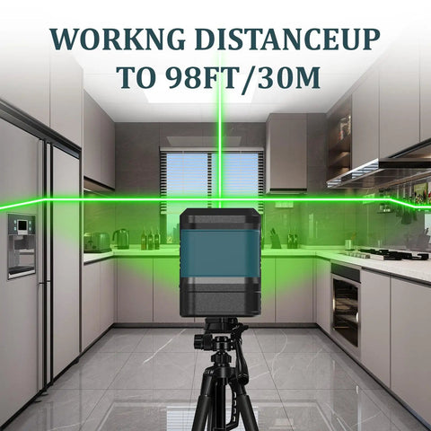 Bright Green Laser Level With USB C Charging, 100ft Auto Level Cross Line Tool positioned in kitchen demonstrating laser lines