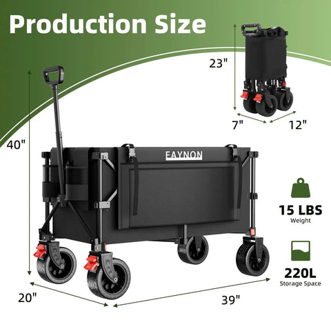 38 Inch Long Collapsible Wagon With 440Lb Capacity And 220L Interior Space Extended Frame Heavy Duty Folding Cart with side pockets and drink holders.