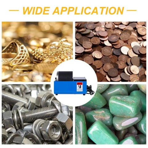 Mini Compact Single Drum Rock Tumbler Jewelry Polisher For Gold Silver Jade Metal Stone Beads Lapidary Polishing Machine For Home Or Workshop Eco Friendly Durable Plastic with various items like coins, bolts, and jewelry.