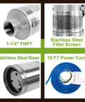 Collage showing 1-1/4" FNPT outlet, stainless steel filter screen, stainless steel base, and 10 ft power cord for 4 Inch Deep Well Submersible Pump With 10 Ft Cable 0.5 HP 115V 28 GPM 179 Ft Head Stainless Steel Borehole Water Pump For Home Farm And Light Industrial Use Workhorse.