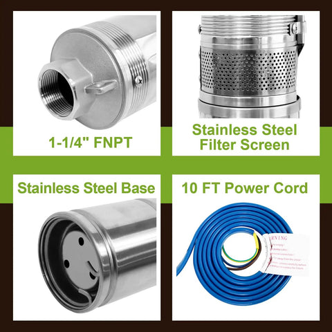 Collage showing 1-1/4" FNPT outlet, stainless steel filter screen, stainless steel base, and 10 ft power cord for 4 Inch Deep Well Submersible Pump With 10 Ft Cable 0.5 HP 115V 28 GPM 179 Ft Head Stainless Steel Borehole Water Pump For Home Farm And Light Industrial Use Workhorse.