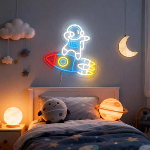 Dimmable Spaceman LED Neon Light With Transparent Backing Astronaut And Rockets Wall Art Space Room Decor For Teens And Kids