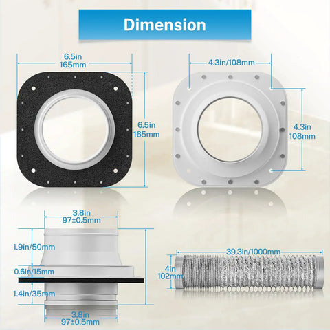 Dimensions of Magnetic Dryer Vent Connector Kit Quick Connect For Tight Spaces 4 Inch Dryer Hose 3 Feet Long 6 Ply Aluminum Foil