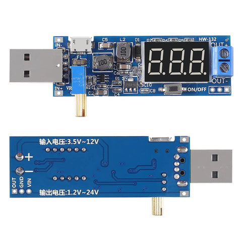 USB Step Up Down Power Supply Module with Adjustable DC-DC Boost Buck Converter from 1.2V to 24V, built-in display, dual view