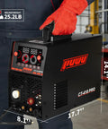 Person holding a 5 In 1 Plasma Cutter And Welder Combo Dual Voltage 110V 220V. Portable machine with control panel visible.