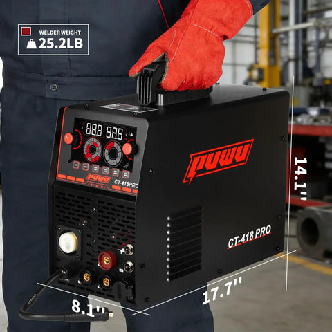 Person holding a 5 In 1 Plasma Cutter And Welder Combo Dual Voltage 110V 220V. Portable machine with control panel visible.