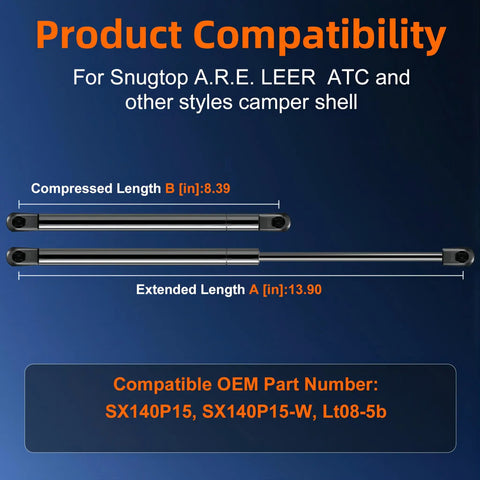 Product compatibility chart for 14 Inch Gas Strut Lift Support Kit For Pickup Truck Toolbox Camper Shell Toppers Rear Window.