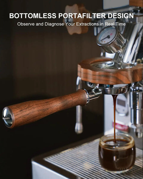 Premium 58mm Bottomless Portafilter With Thick Walnut Handle For Breville Dual Boiler And Oracle Touch Espresso Machines, espresso extraction in action.