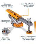 Badass Auto Adjust T Track Clamp Built For Standard 5 16 Inch T Slot showing adjustable clamping pressure and 360 degree rotation